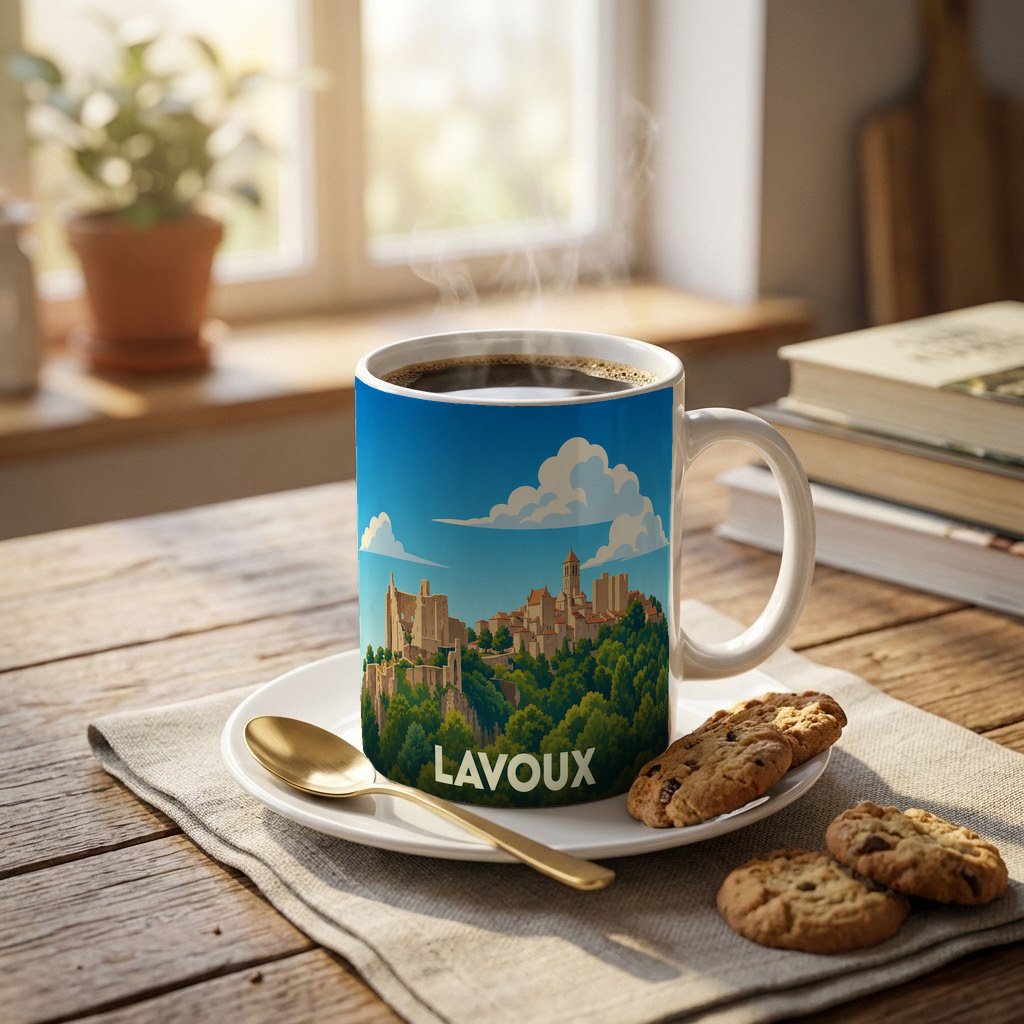Mug souvenir de la ville de Lavoux avec une illustration stylisée d'un château et d'un village médiéval.