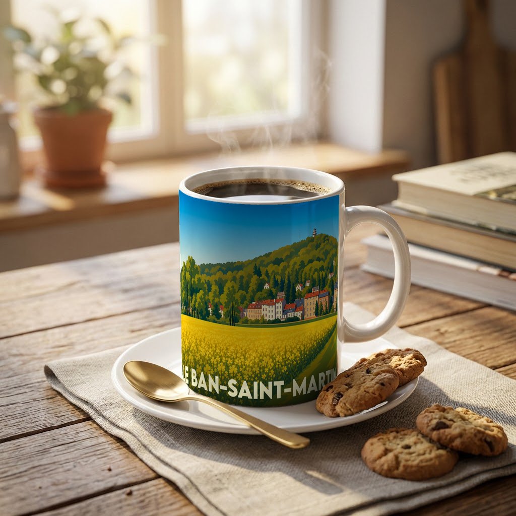 Mug souvenir de la ville de Le Ban-Saint-Martin orné d'une illustration paysagère stylisée.