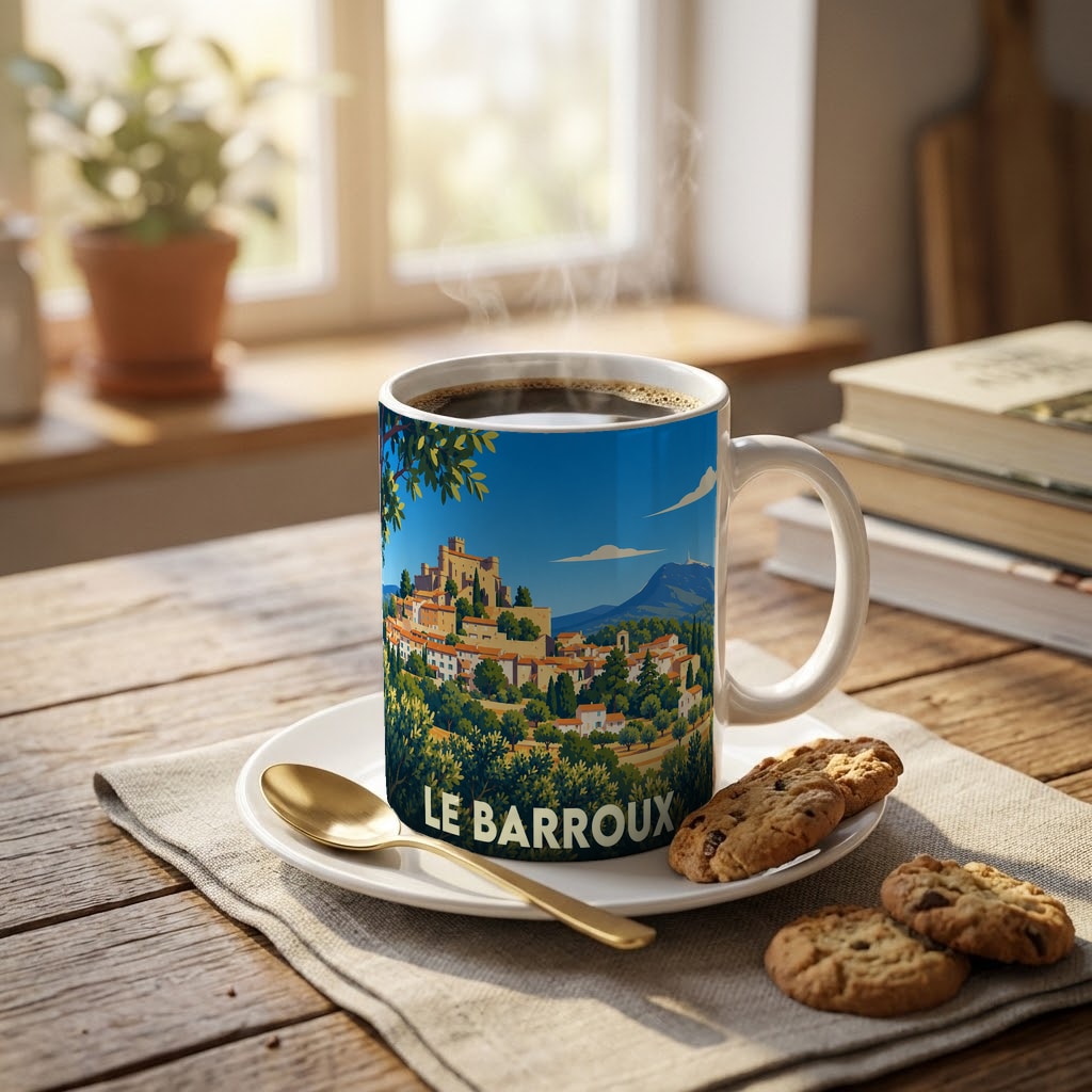 Mug souvenir de la ville de Le Barroux orné d'une illustration stylisée du village et de son château.