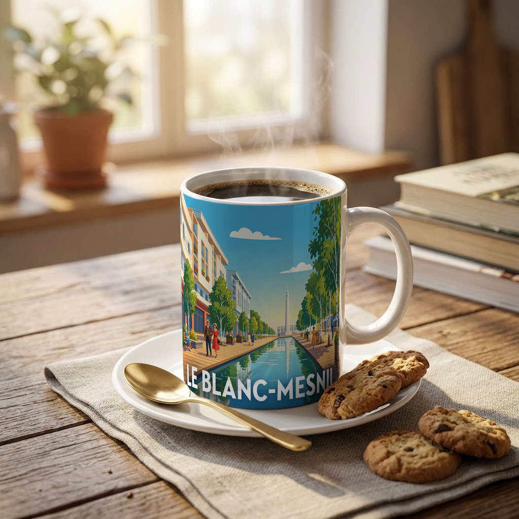 Mug souvenir de la ville de Le Blanc-Mesnil avec une illustration stylisée.