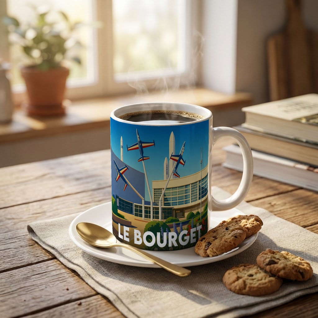 Mug souvenir de la ville de Le Bourget avec une illustration stylisée sur le thème de l'aviation.