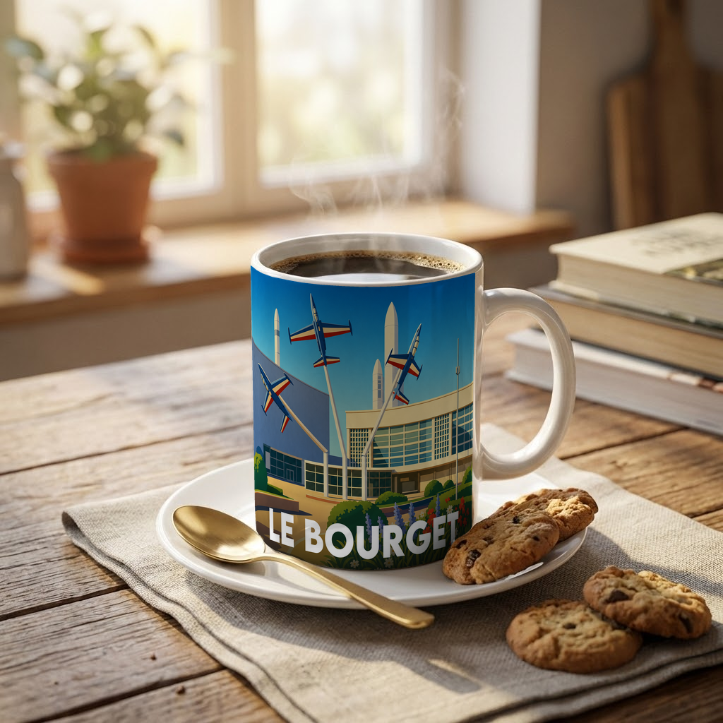 Mug souvenir de la ville de Le Bourget avec une illustration stylisée sur le thème de l'aviation.
