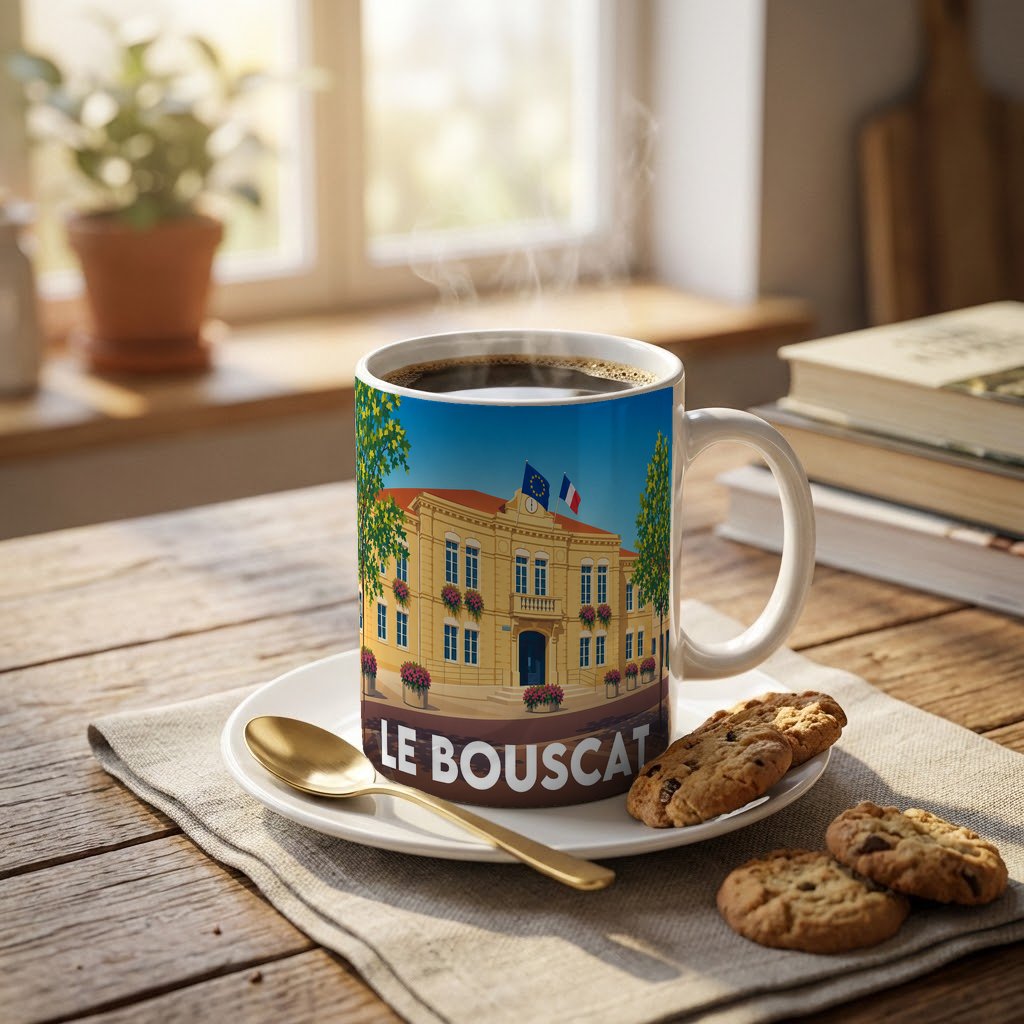 Mug souvenir de la ville de Le Bouscat illustré d'un bâtiment emblématique sous un ciel bleu.
