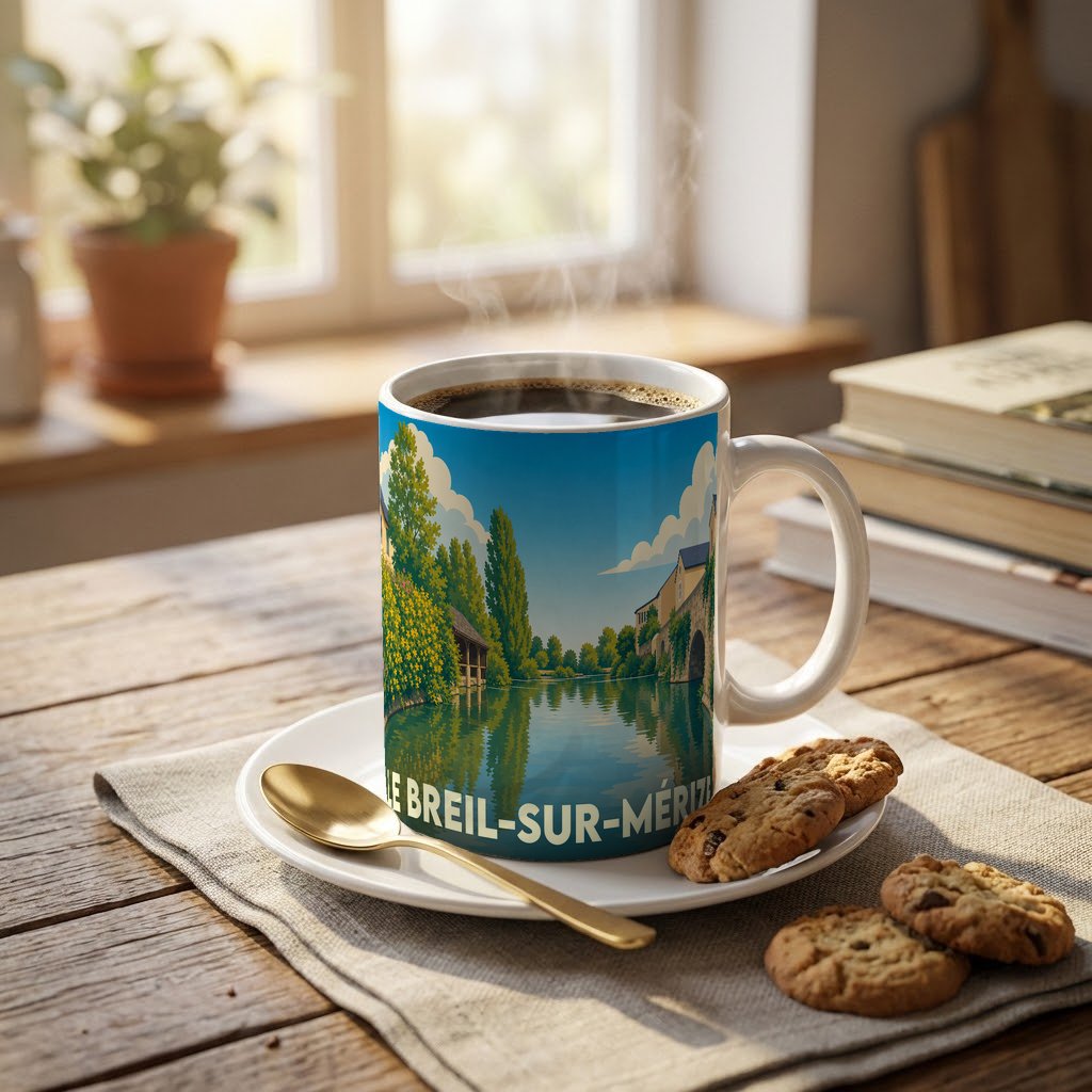 Mug souvenir de la ville de Le Breil-sur-Mérize avec une illustration stylisée d'un paysage fluvial.