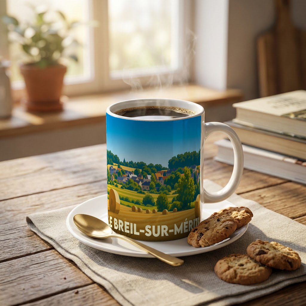 Mug souvenir de la ville du Breil-sur-Mérize orné d'une illustration champêtre stylisée.