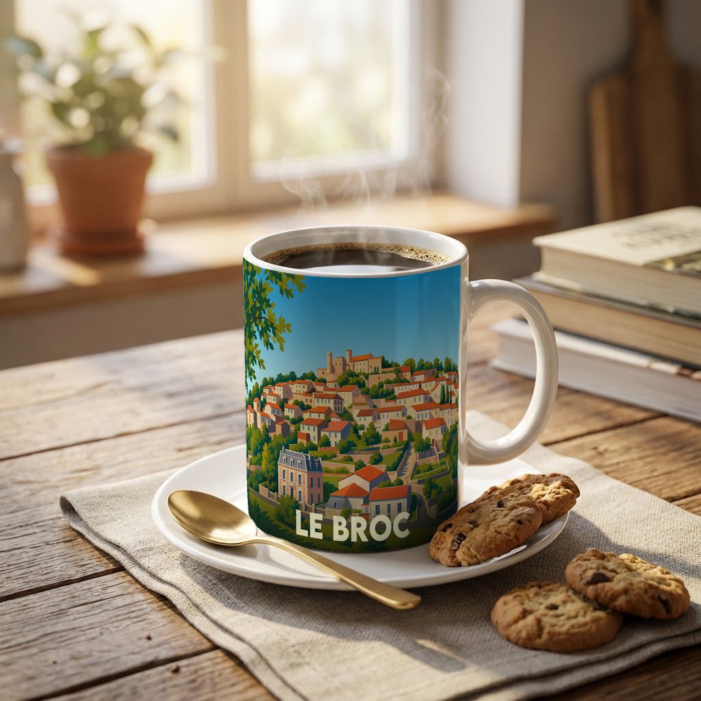 Mug souvenir de la ville de Le Broc avec une illustration stylisée d'un village provençal.