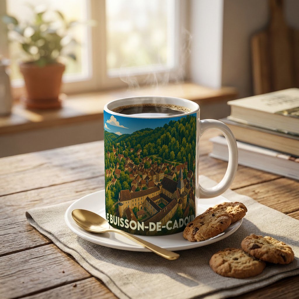 Mug souvenir de la ville du Buisson-de-Cadouin avec une illustration panoramique stylisée.