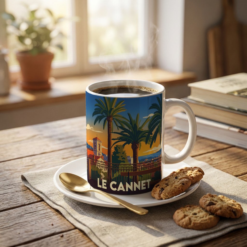 Mug souvenir de la ville de Le Cannet avec une illustration stylisée de palmiers au coucher du soleil.