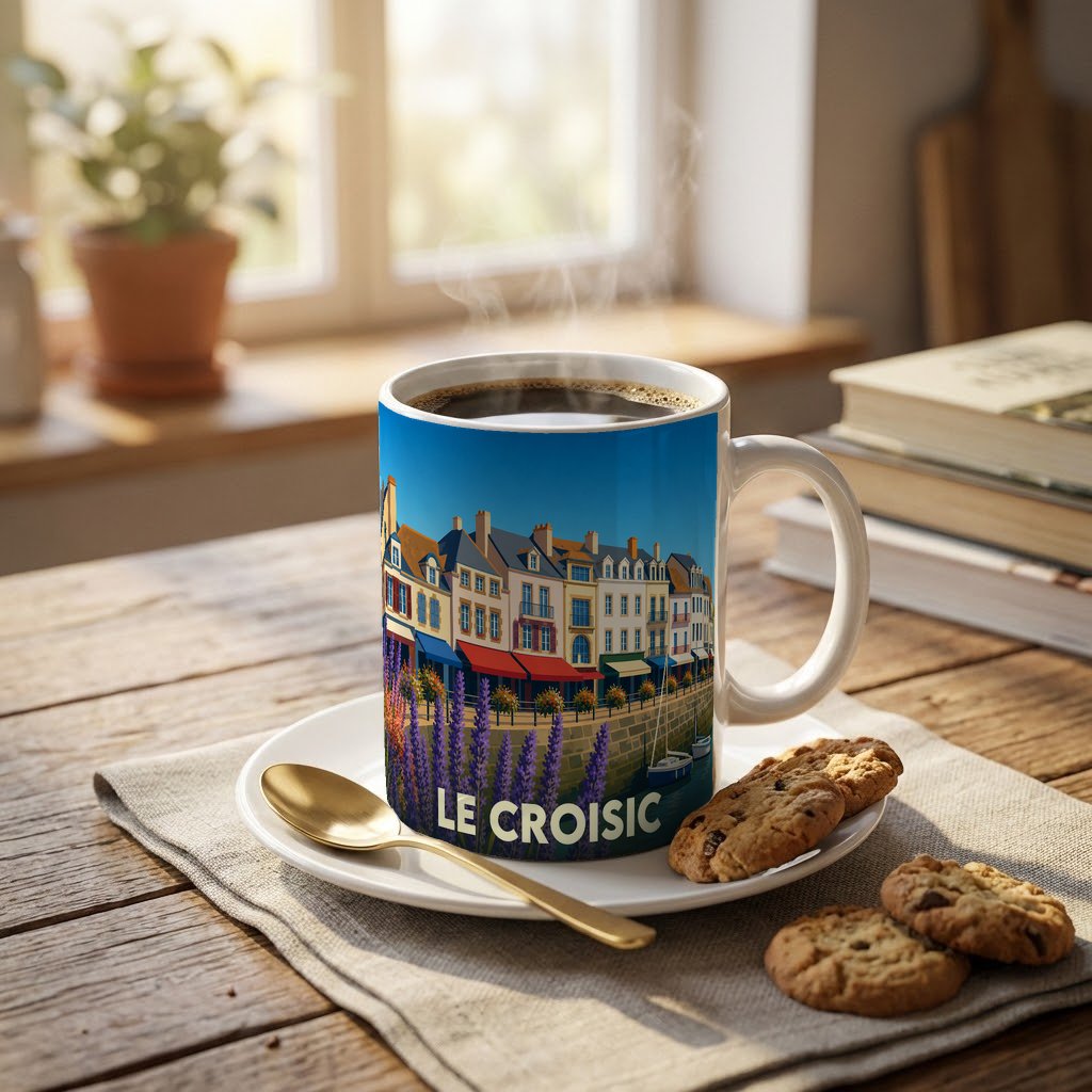 Mug souvenir de la ville de Le Croisic avec une illustration stylisée du port et de ses façades colorées.