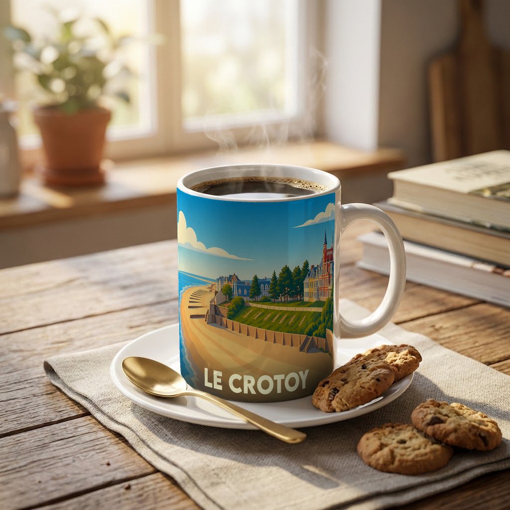 Mug souvenir de la ville de Le Crotoy illustré d'un paysage côtier stylisé.