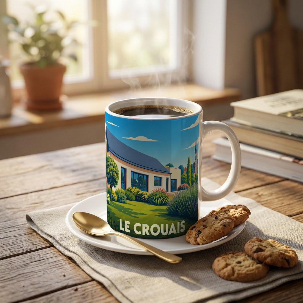Mug souvenir de la ville de Le Crouais avec une illustration paysagère stylisée.