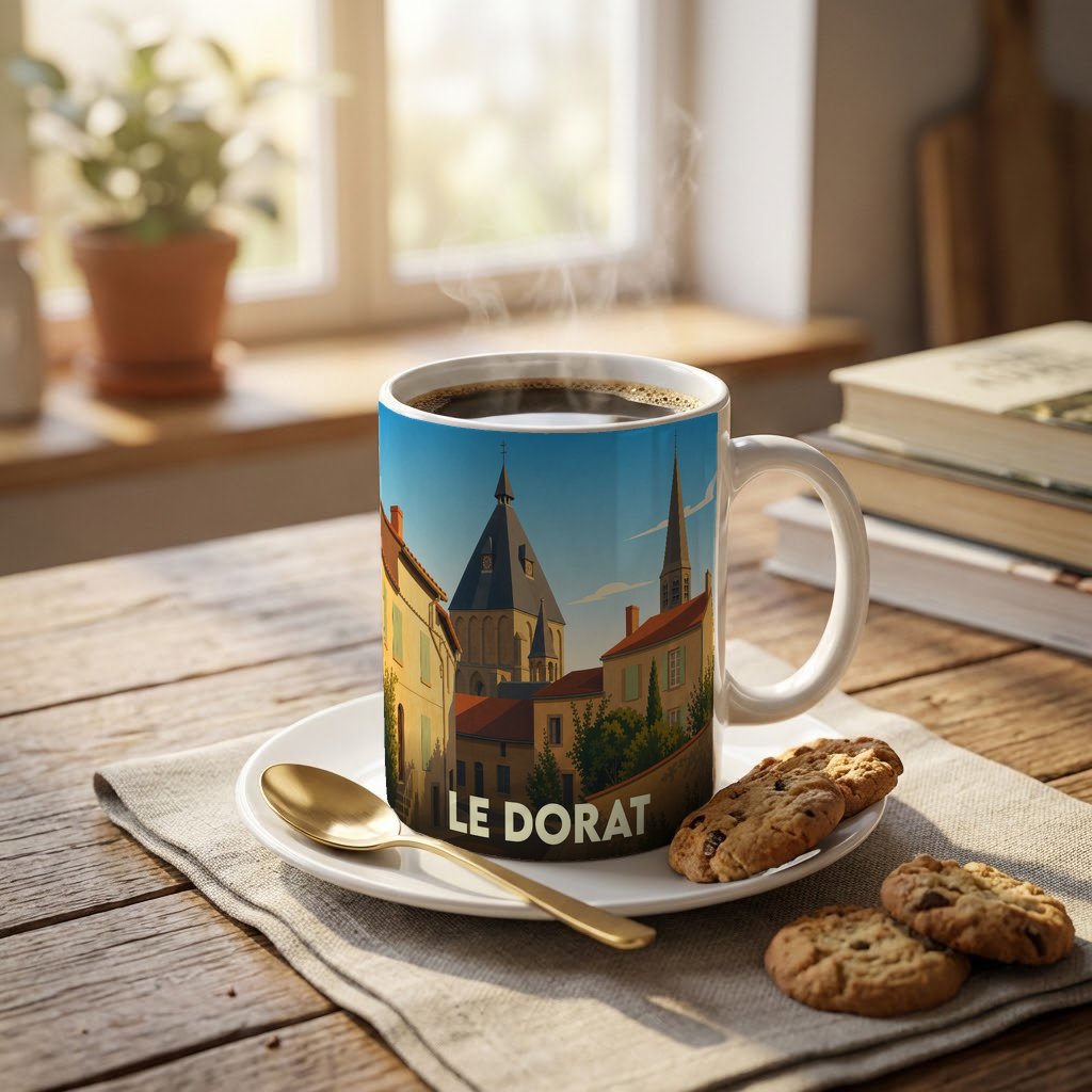 Mug souvenir de la ville du Dorat orné d'une illustration stylisée de son architecture historique.