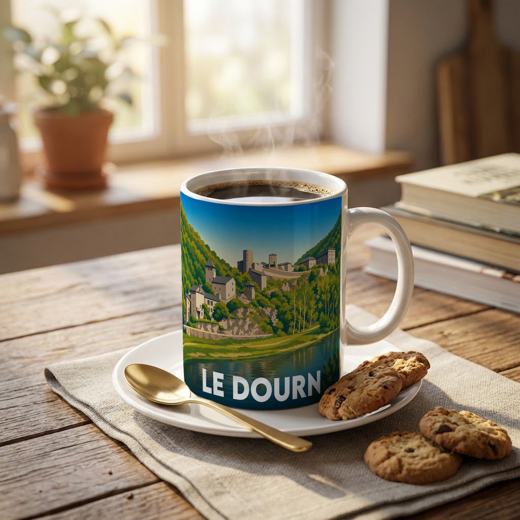 Mug souvenir de la ville de Le Dourn avec une illustration de paysage stylisée.