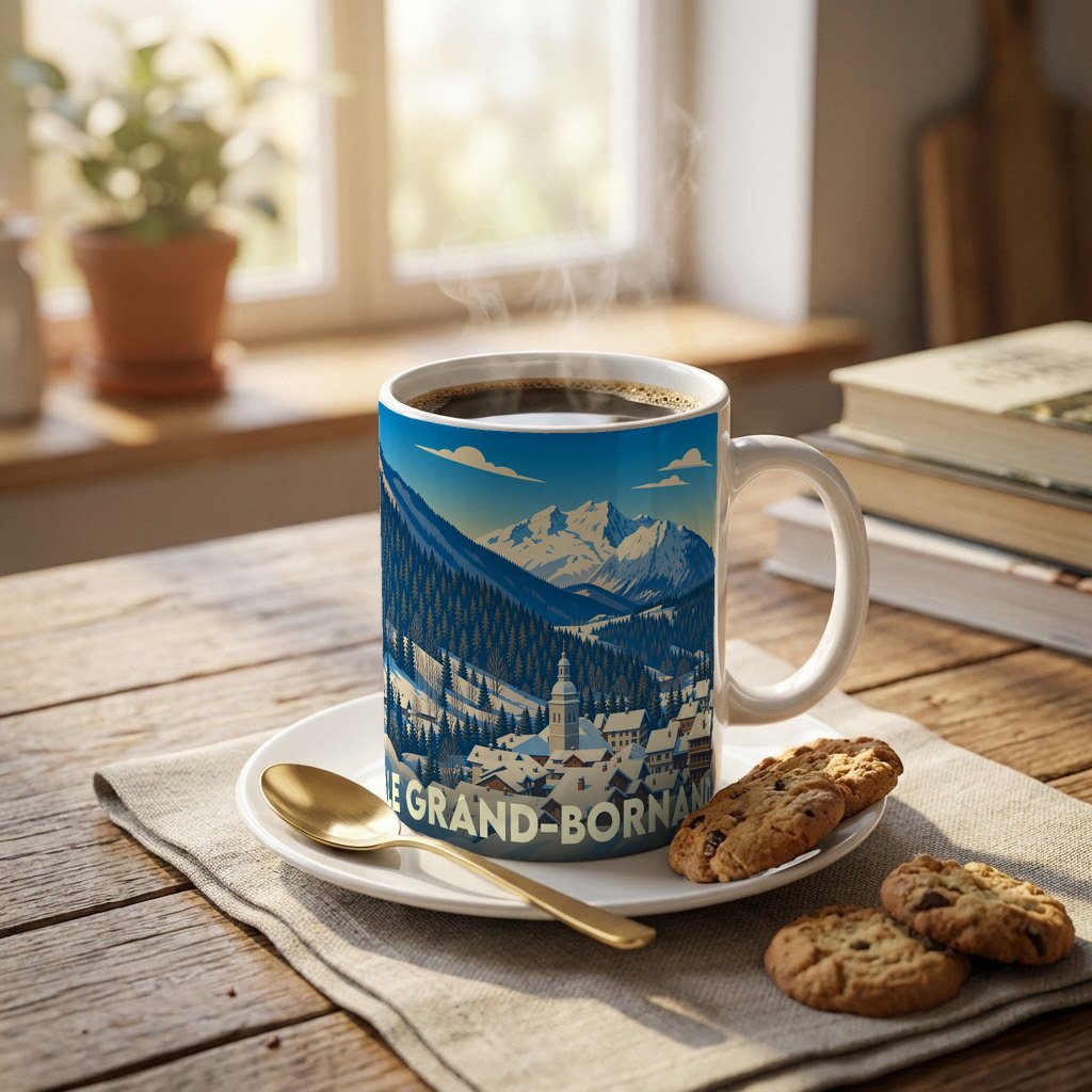 Mug souvenir du Grand-Bornand orné d'une illustration stylisée de la station sous la neige.