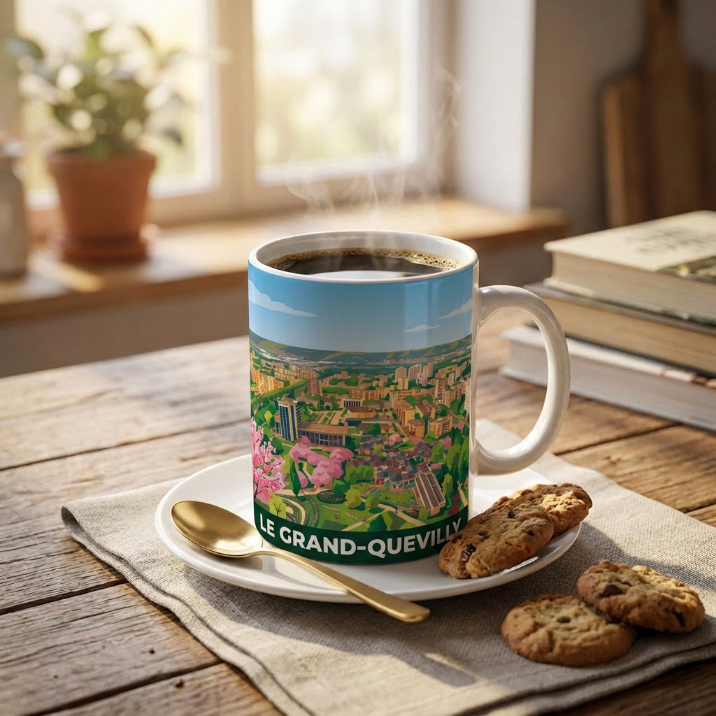 Mug souvenir de la ville de Le Grand-Quevilly avec une illustration stylisée et colorée du paysage urbain.