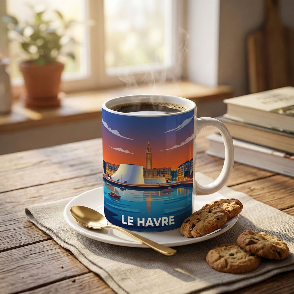 Mug souvenir de la ville de Le Havre avec une illustration stylisée.