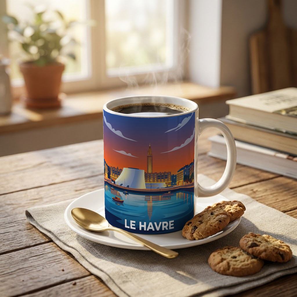 Mug souvenir de la ville de Le Havre avec une illustration stylisée.
