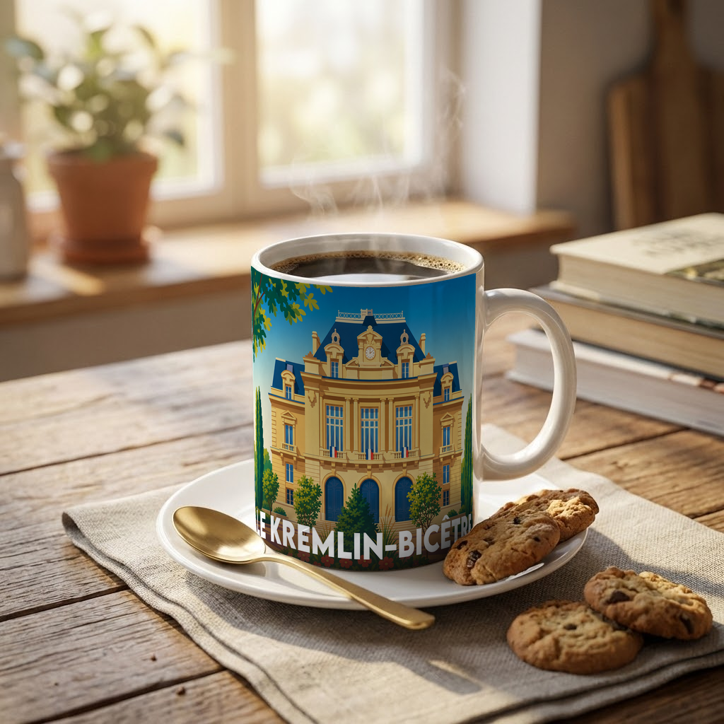 Mug souvenir de la ville du Kremlin-Bicêtre avec une illustration stylisée de l'hôtel de ville.