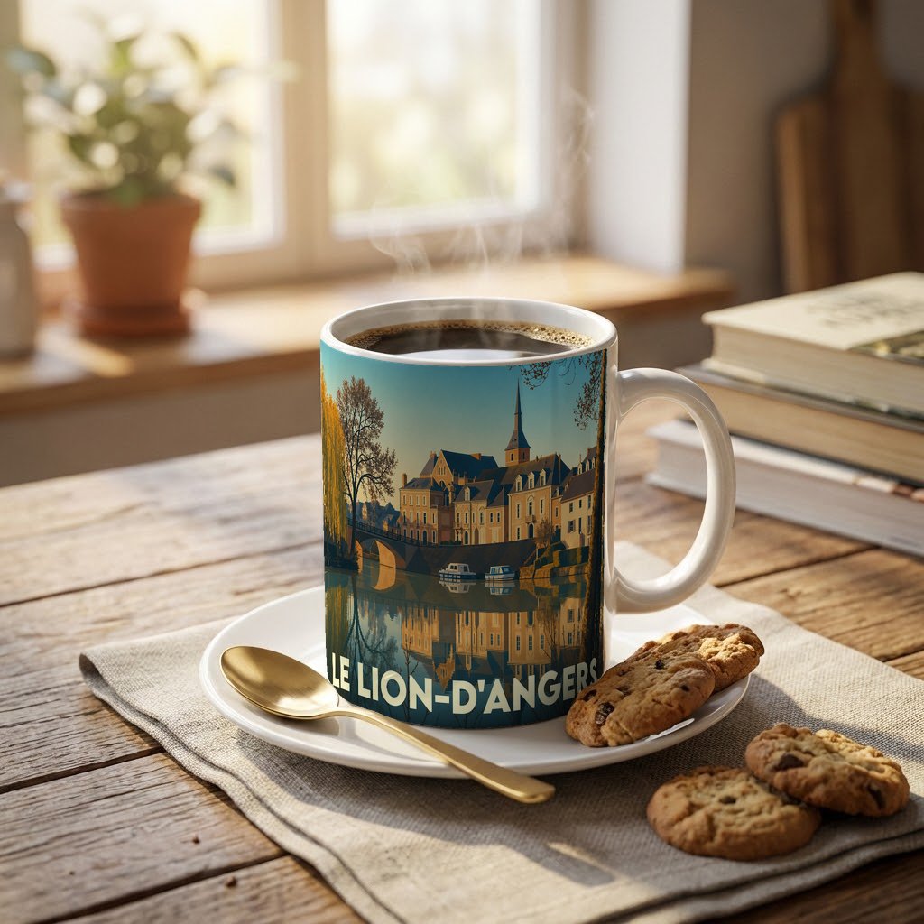 Mug souvenir de la ville de Le Lion-d'Angers orné d'une illustration stylisée du bord de l'eau.