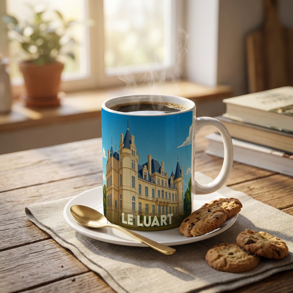 Mug souvenir de la ville de Le Luart orné d'une illustration stylisée de son château.
