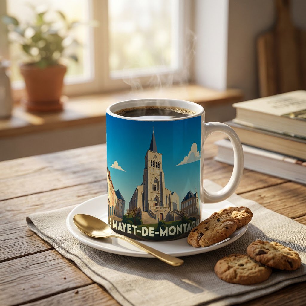 Mug souvenir de la ville de Le Mayet-de-Montagne avec une illustration stylisée d'une église sous un ciel bleu.
