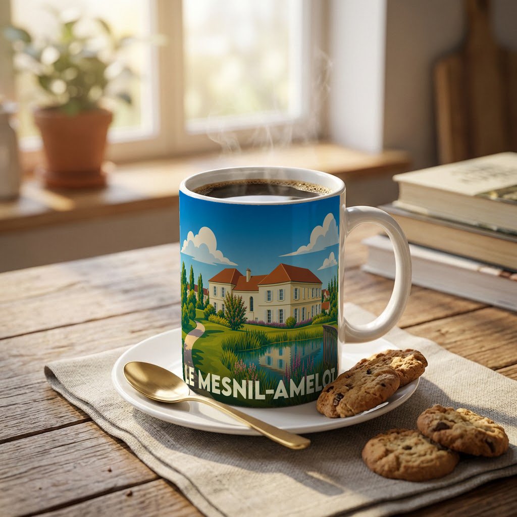 Mug souvenir de la ville de Le Mesnil-Amelot avec une illustration stylisée d'une demeure et son parc.