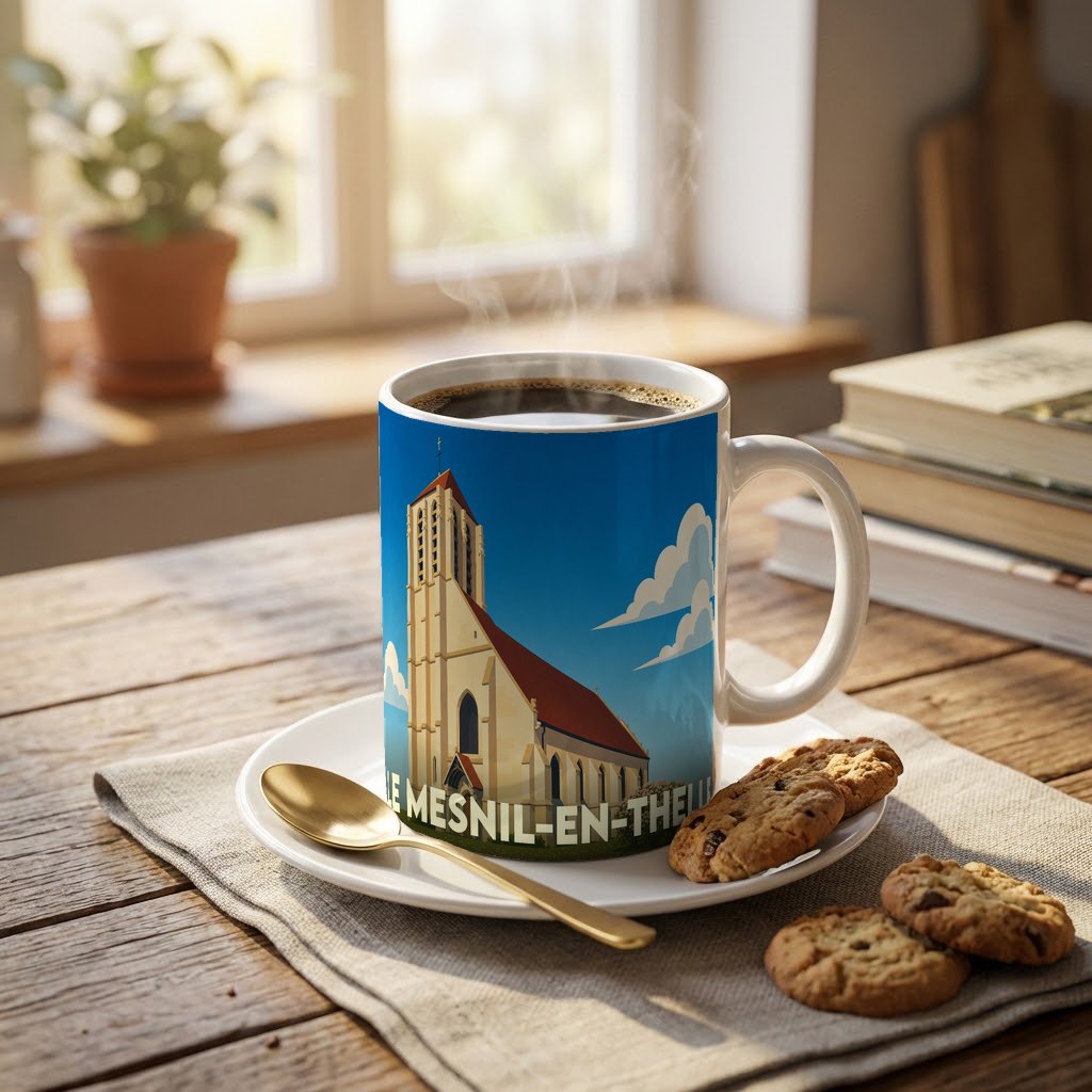 Mug souvenir de la ville de Le Mesnil-en-Thelle avec une illustration stylisée de son église.
