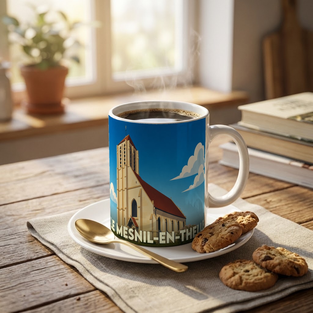 Mug souvenir de la ville de Le Mesnil-en-Thelle avec une illustration stylisée de son église.