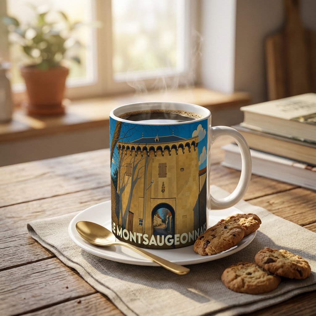 Mug souvenir de la ville de Le Montsaugeonnais illustré par une tour médiévale stylisée.