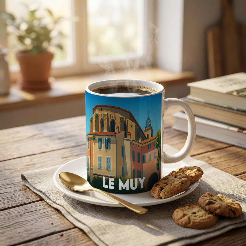 Mug souvenir de la ville de Le Muy avec une illustration stylisée et colorée de ses bâtiments historiques.