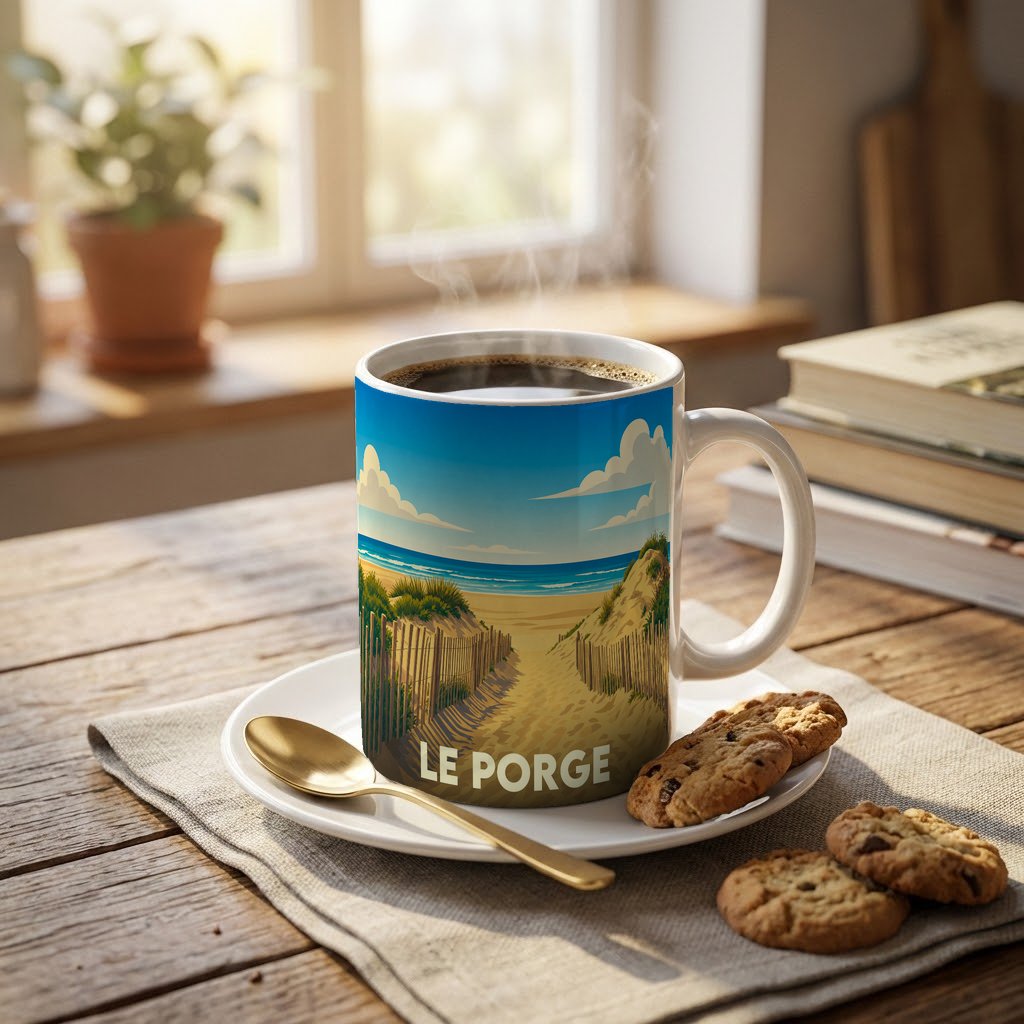 Mug souvenir de la ville de Le Porge illustré d'un paysage de dunes et de plage stylisé.