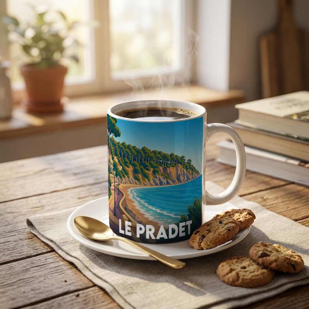 Mug souvenir de la ville de Le Pradet avec une illustration stylisée d'un bord de mer ensoleillé.