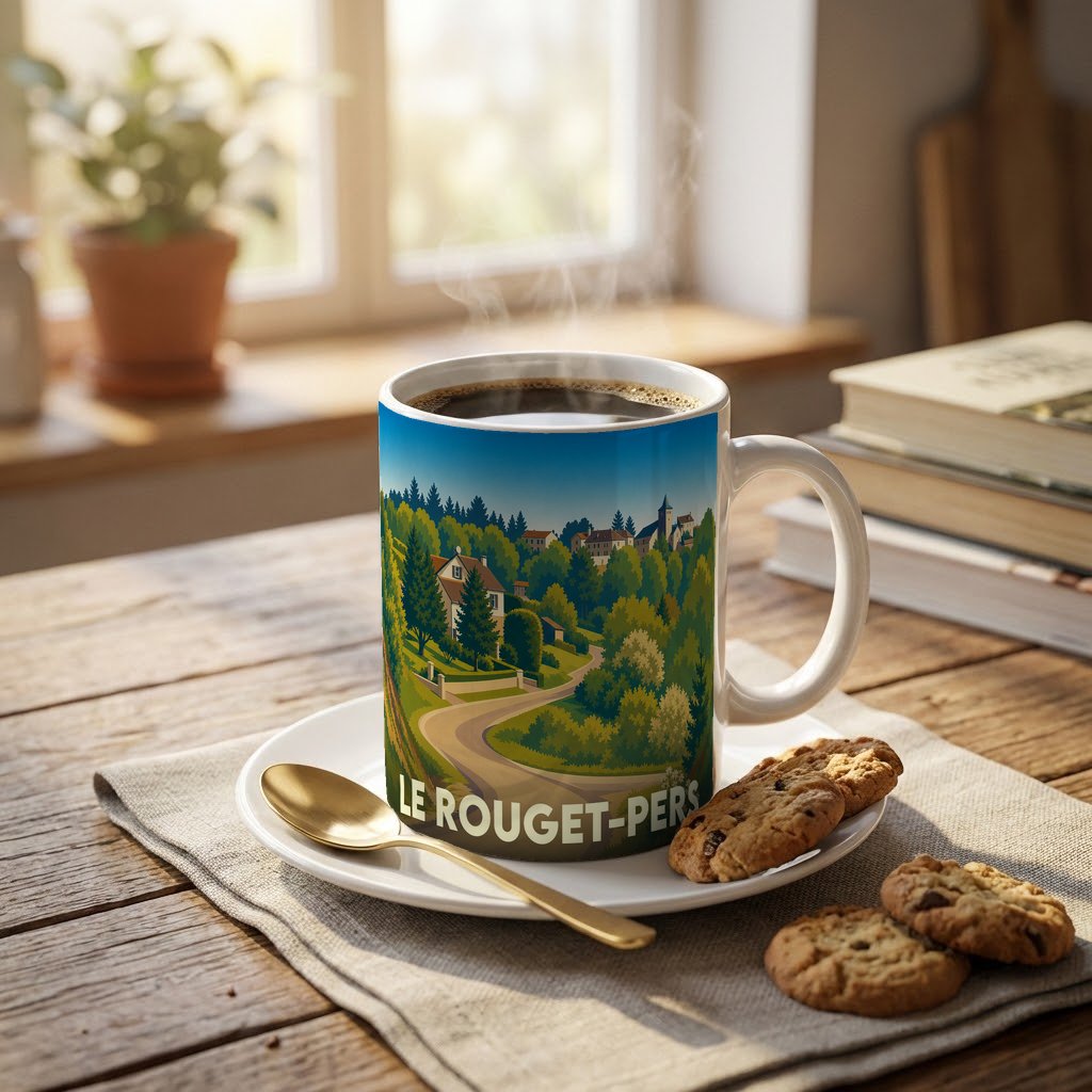 Mug souvenir de la commune de Le Rouget-Pers orné d'une illustration paysagère stylisée.