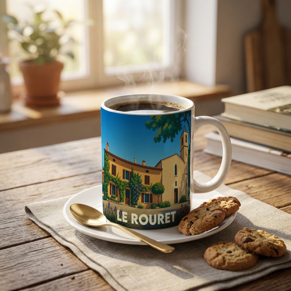 Mug souvenir de la ville de Le Rouret avec une illustration stylisée de ses bâtiments provençaux.