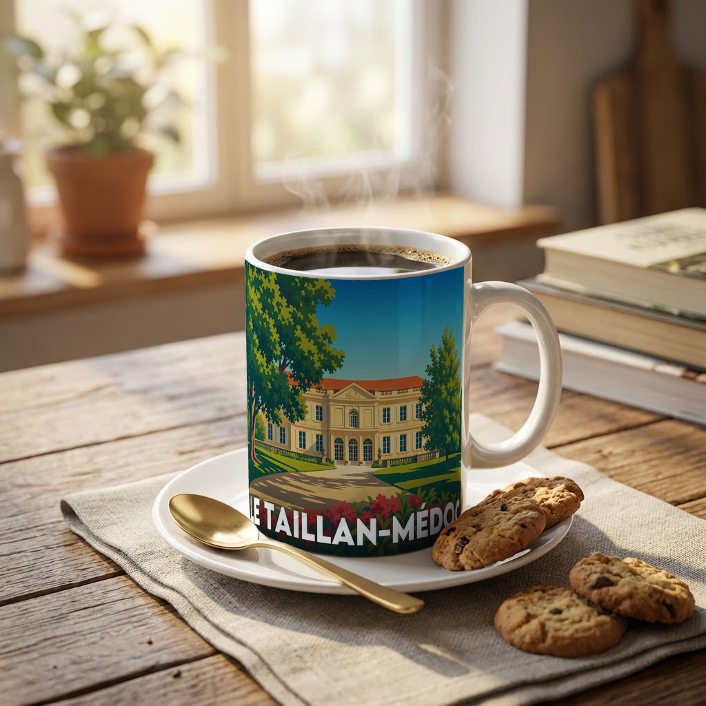 Mug souvenir de la ville de Le Taillan-Médoc avec une illustration stylisée d'un château.
