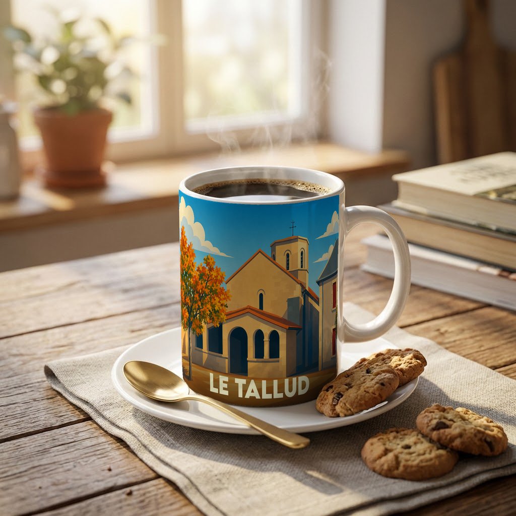 Mug souvenir de la ville de Le Tallud avec une illustration stylisée d'une église sous un ciel bleu.