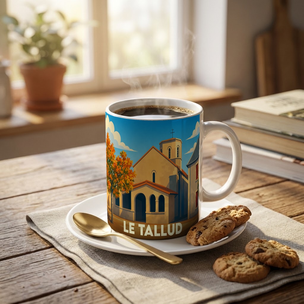 Mug souvenir de la ville de Le Tallud avec une illustration stylisée d'une église sous un ciel bleu.