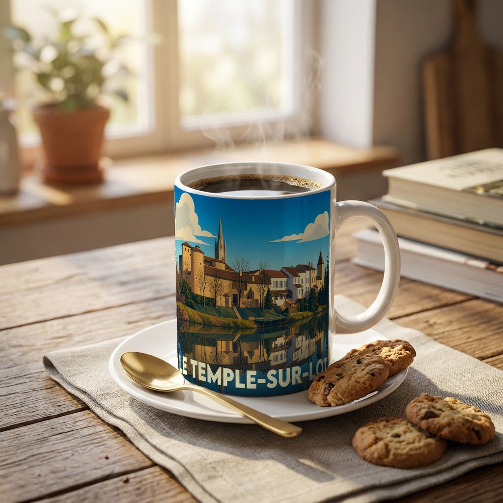 Mug souvenir de la ville de Le Temple-sur-Lot avec une illustration stylisée d'un paysage urbain au bord de l'eau.