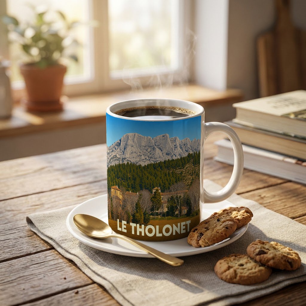 Mug souvenir de la ville du Tholonet avec une illustration stylisée de la montagne Sainte-Victoire.