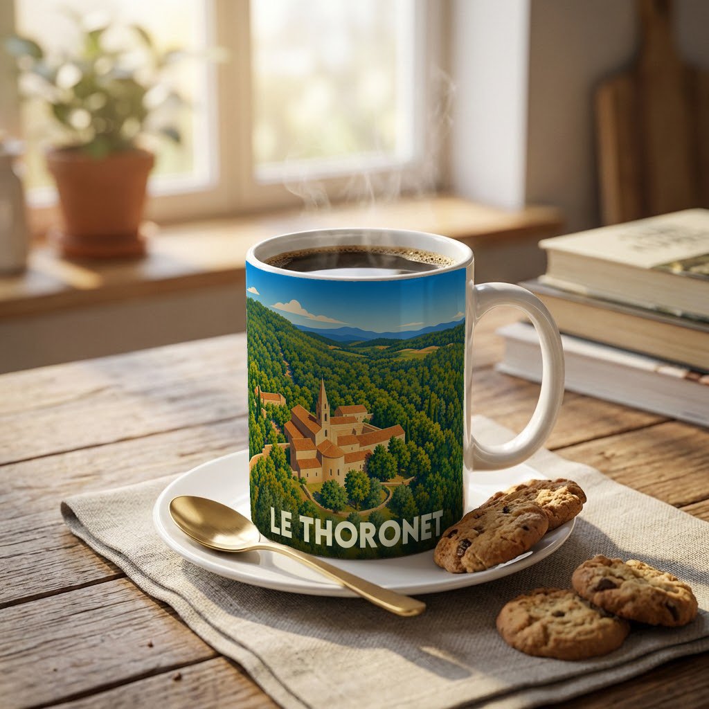Mug souvenir de la ville de Le Thoronet orné d'une illustration stylisée de son abbaye au cœur de la forêt.