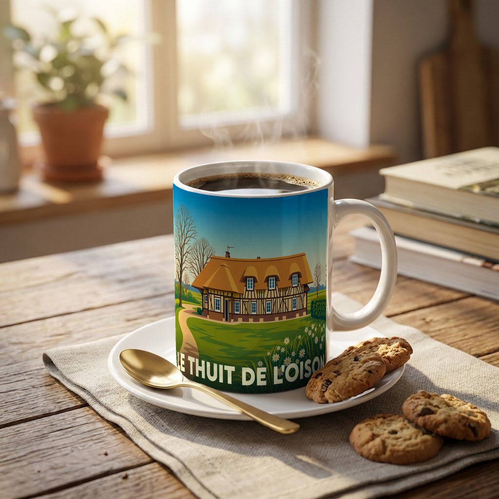Mug souvenir de la ville de Le Thuit de l'Oison avec une illustration stylisée d'une maison traditionnelle normande.