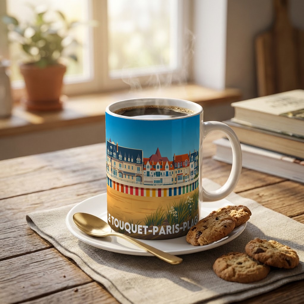 Mug souvenir de la ville de Le Touquet-Paris-Plage avec une illustration stylisée et colorée de son front de mer.