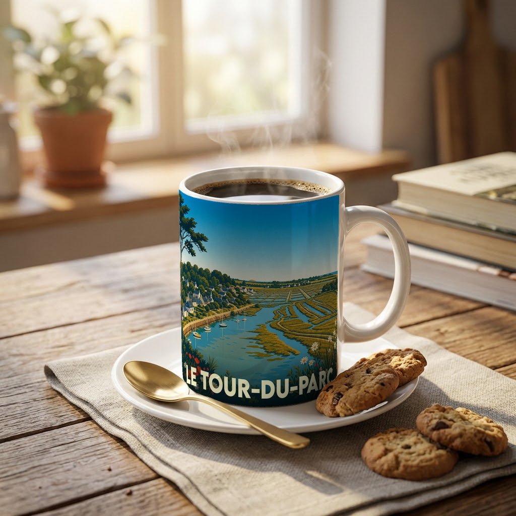 Mug souvenir de la ville de Le Tour-du-Parc avec une illustration stylisée de ses paysages côtiers.