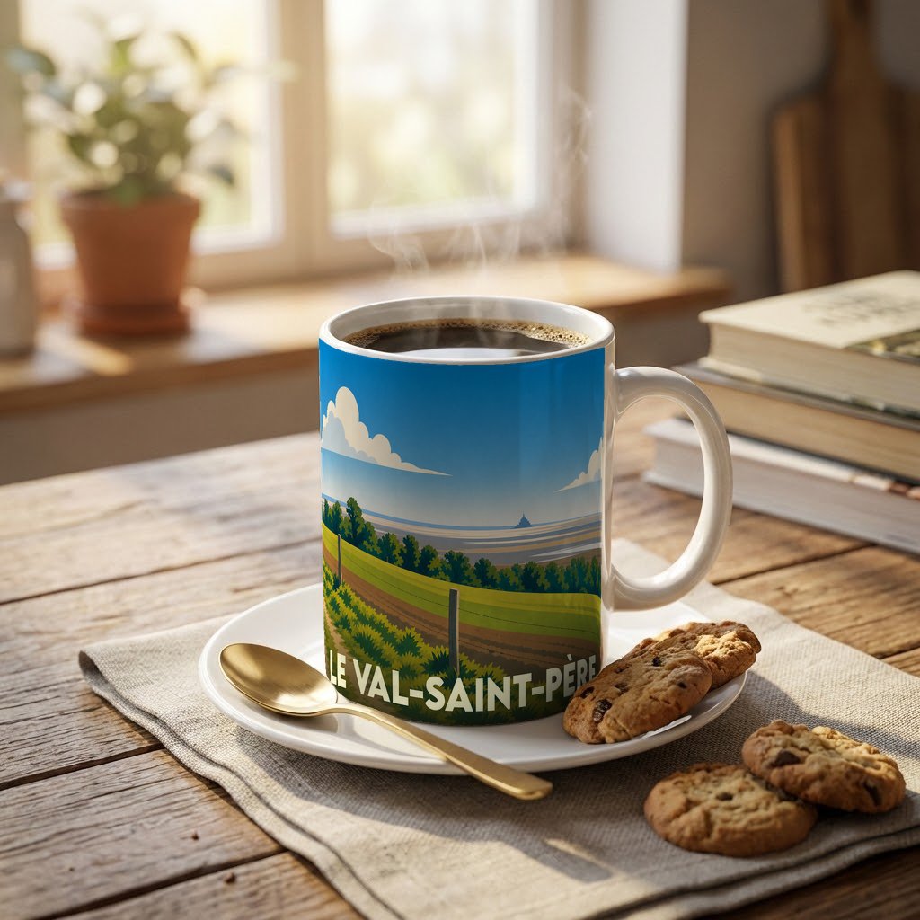 Mug souvenir de la commune de Le Val-Saint-Père avec une illustration stylisée d'un paysage côtier.