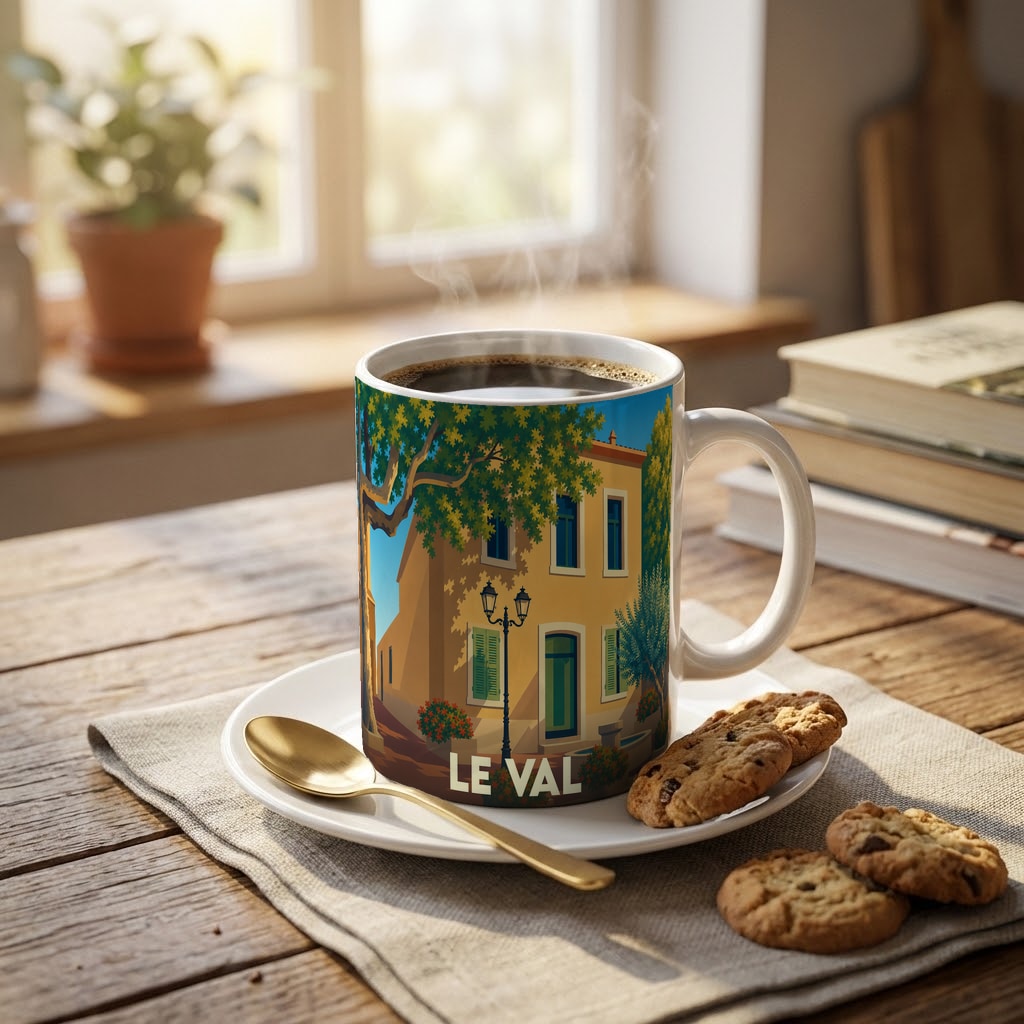 Mug souvenir de la ville de Le Val illustré d'une maison provençale typique sous un platane.