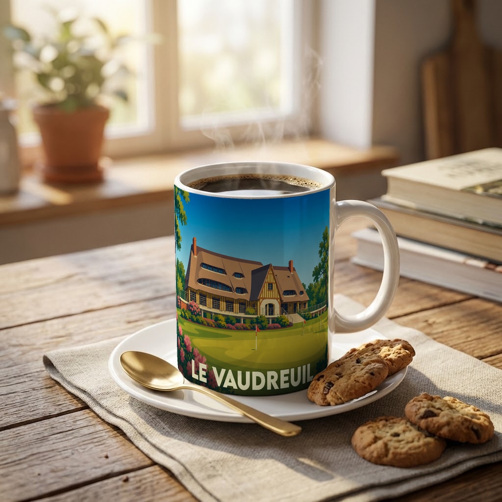Mug souvenir de la ville du Vaudreuil illustré d'un paysage de golf avec son club-house.