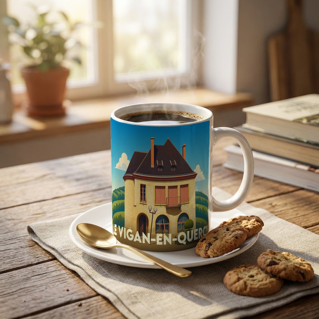 Mug souvenir de la ville de Le Vigan-en-Quercy avec une illustration stylisée.