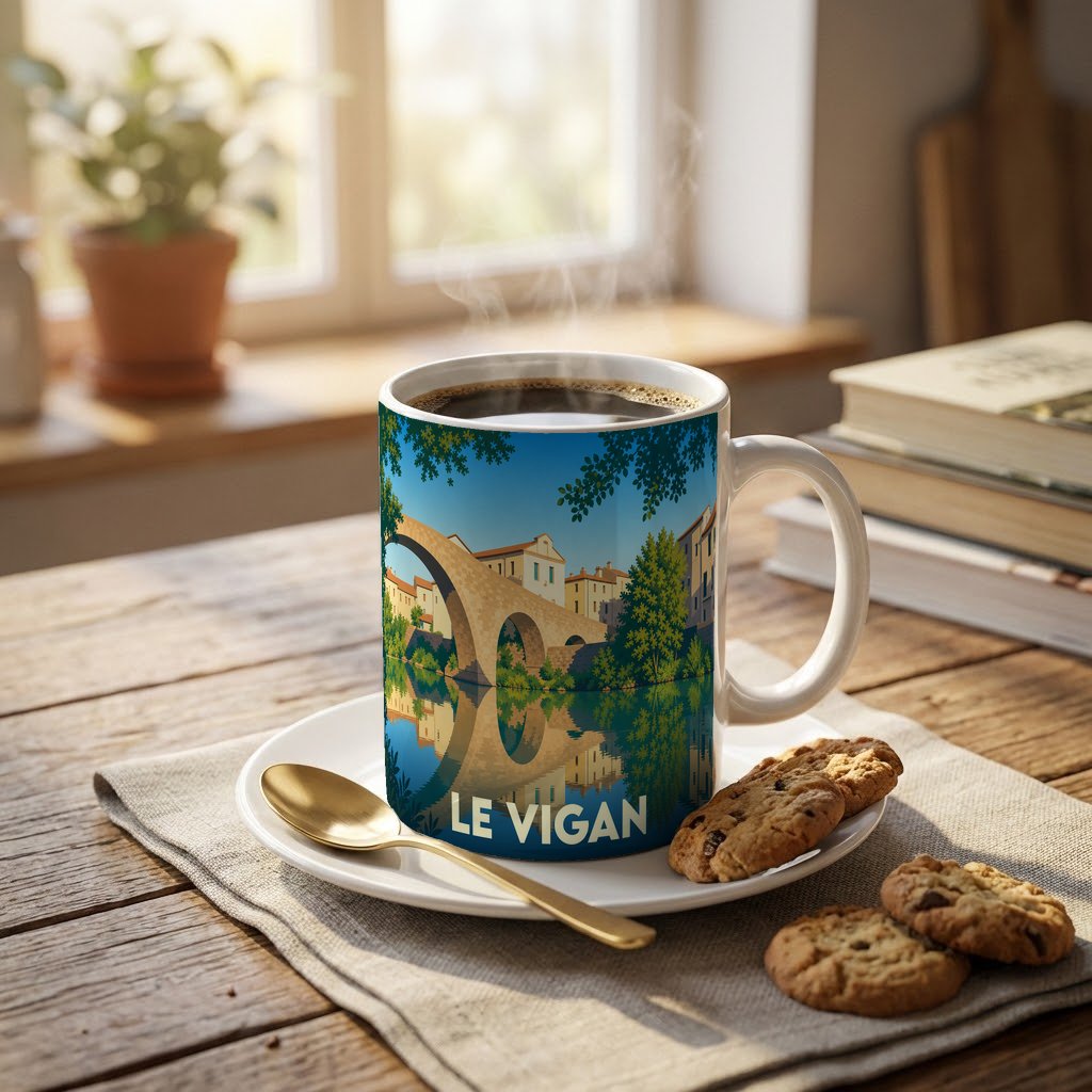 Mug souvenir de la ville de Le Vigan orné d'une illustration stylisée de son vieux pont.