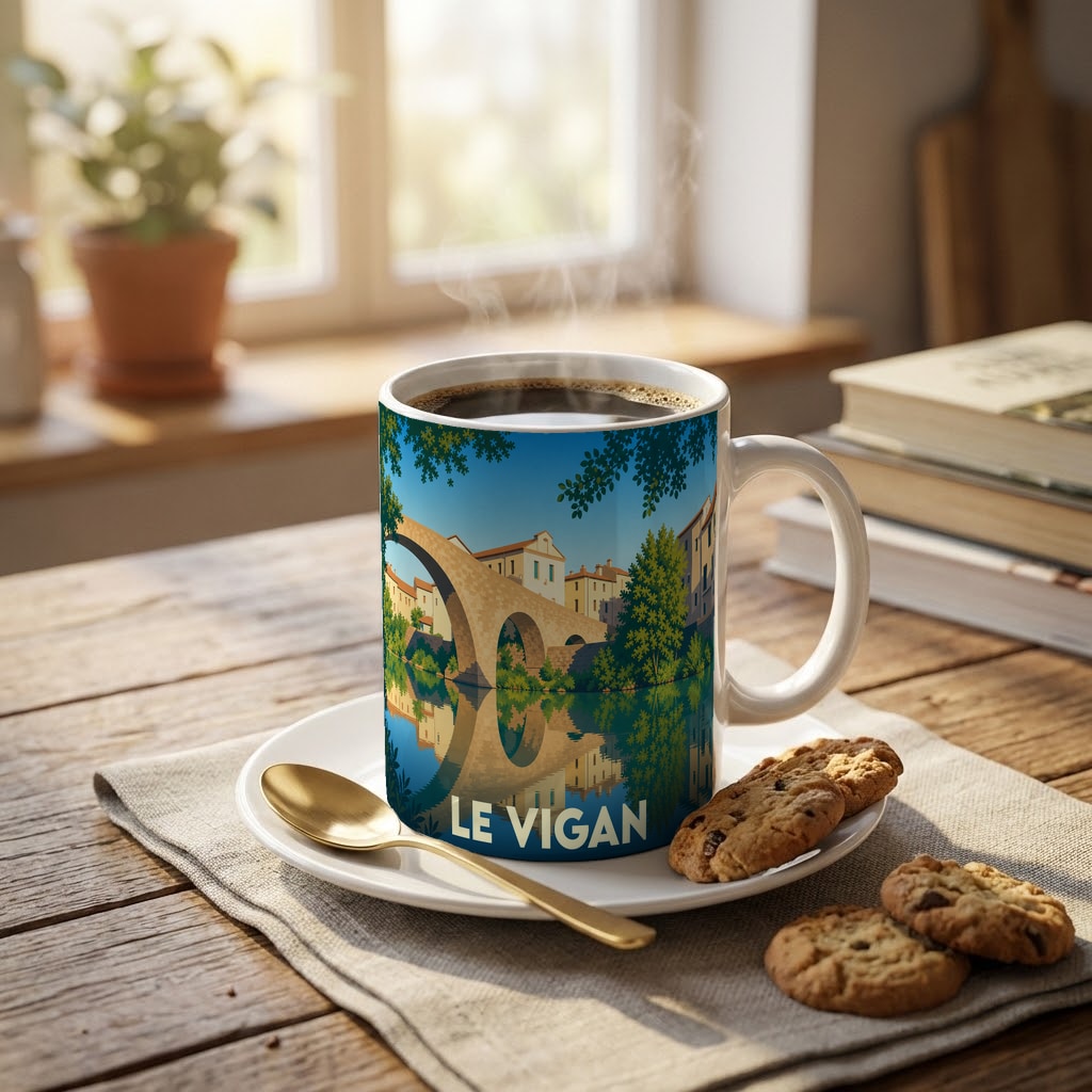 Mug souvenir de la ville de Le Vigan orné d'une illustration stylisée de son vieux pont.