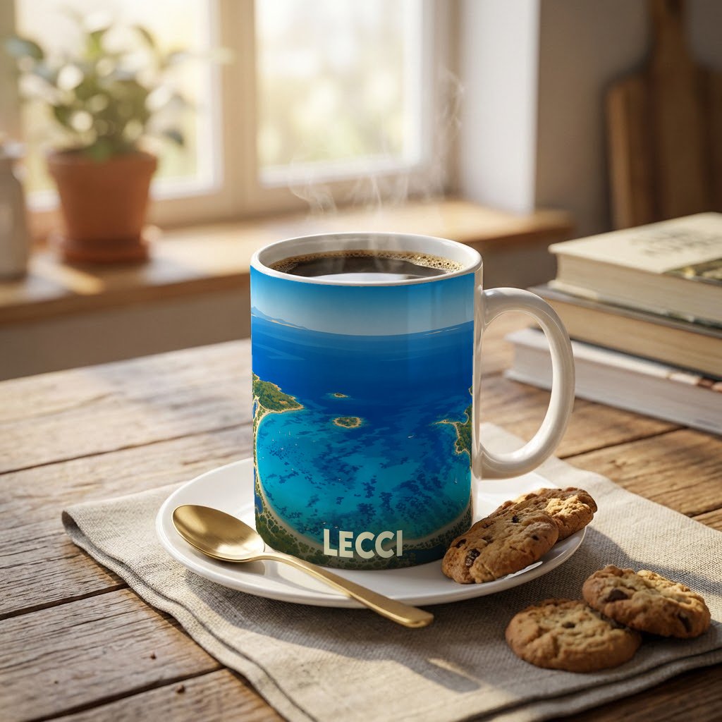 Mug souvenir de la ville de Lecci avec une illustration stylisée d'une baie maritime.